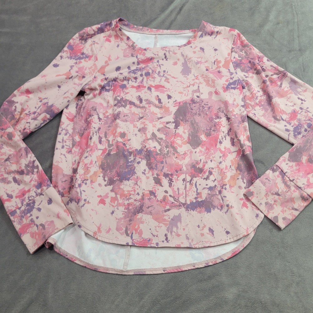 Athleta Girl Pink Purple Splatter Long Sleeve Active Top Thumbholes GL453601BG
